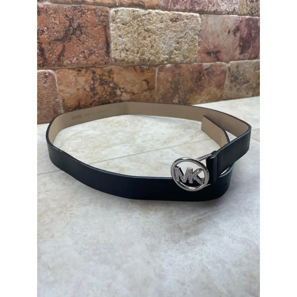 Belt Michael Michael Kors L-XL MK Logo Black Leather Rhinestone Buckle 1” approx